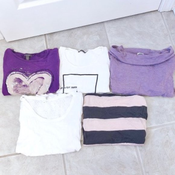 💜 3 Top Bundle Short Sleeve Long sleeve / Shirt/ White and purple - Picture 2 of 5